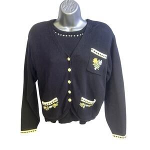 Cambridge Spirit Vintage 2-Piece Black Cotton Sweater Set Floral Accents-Medium